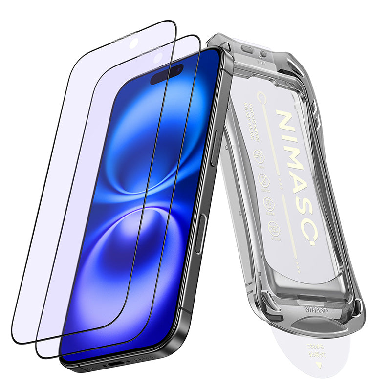NIMASO Blue Light Blocking Tempered Glass Screen Protector for iPhone 16/Pro/16 Pro Max, Reduces Eye Strain, Includes Black Bezel and Automatic Dust Removal Guide Frame (2 Screens)