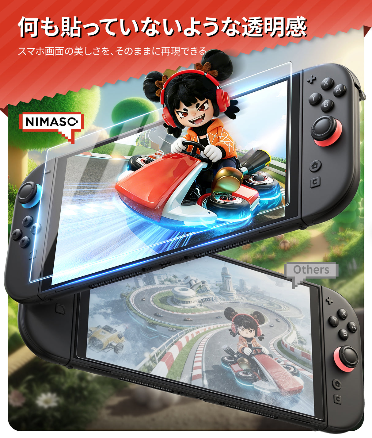 NIMASO Nintendo Switch 2用 強化ガラスフィルム 液晶 高感度タッチ 9H硬度 指紋防止 ガイド枠付き 2枚入り