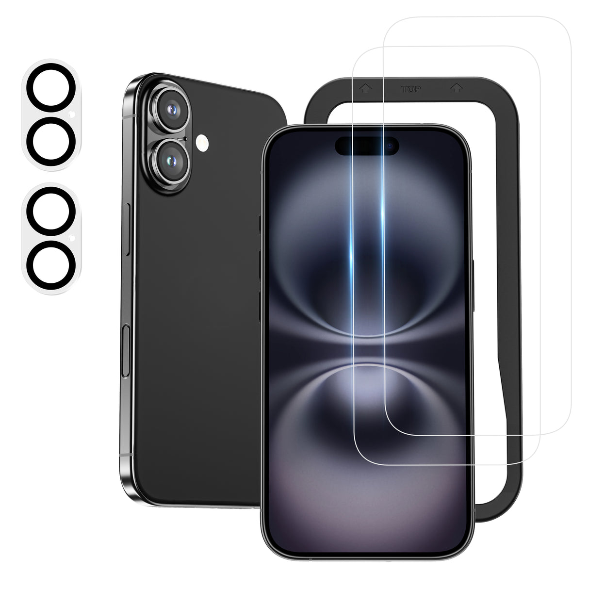 NIMASO Tempered Glass Film (2 Sheets) + Camera Film (2 Sheets) for iPhone 16/Plus with Guide Frame, 9H Hardness