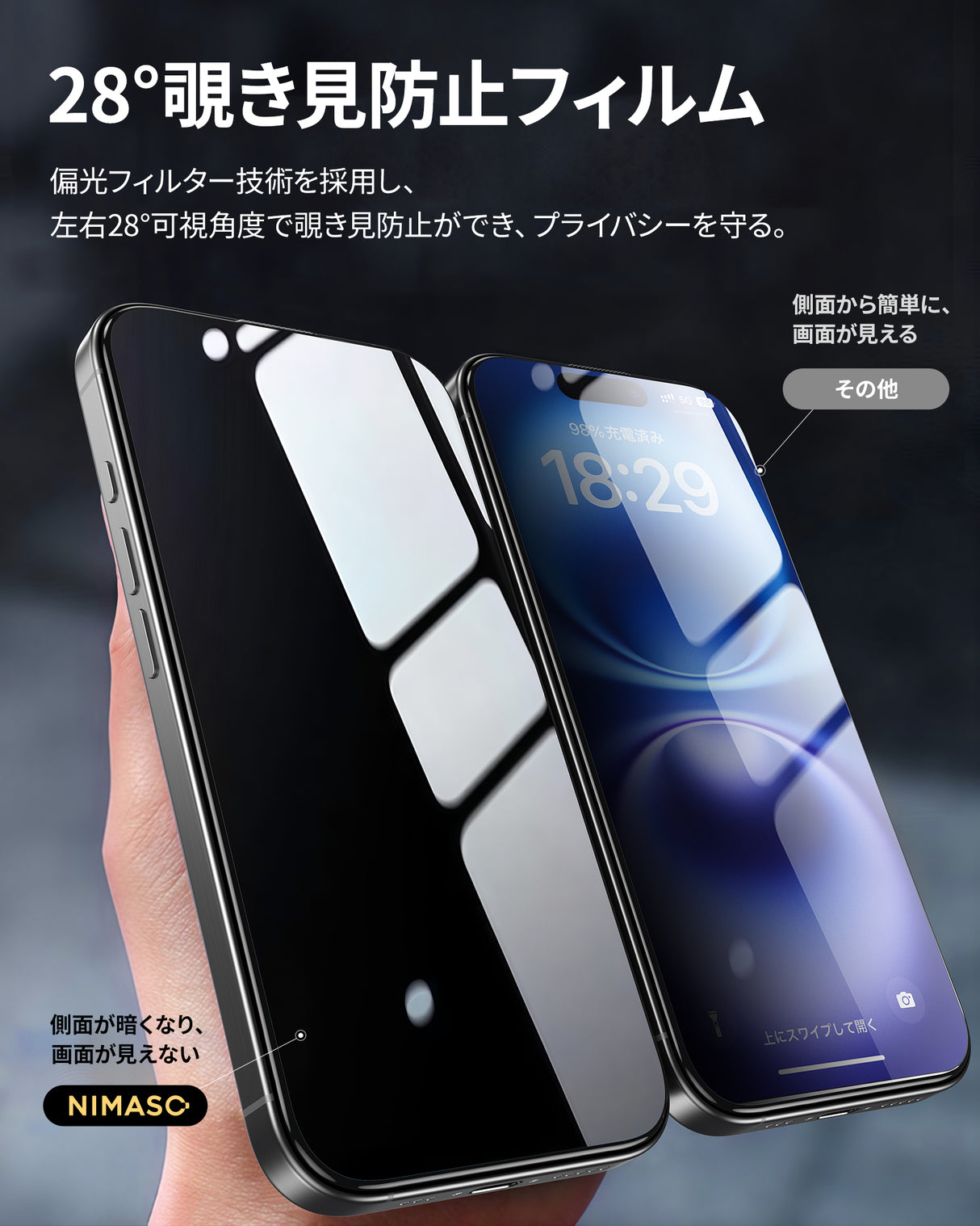 NIMASO iPhone 16/Plus用 28°覗き見防止 ガラスフィルム ガイド枠付き【2枚】