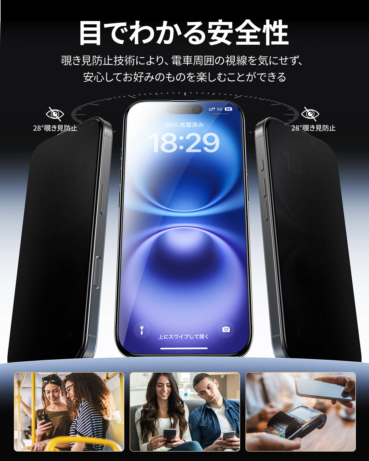 NIMASO iPhone 16/Plus用 28°覗き見防止 ガラスフィルム ガイド枠付き【2枚】