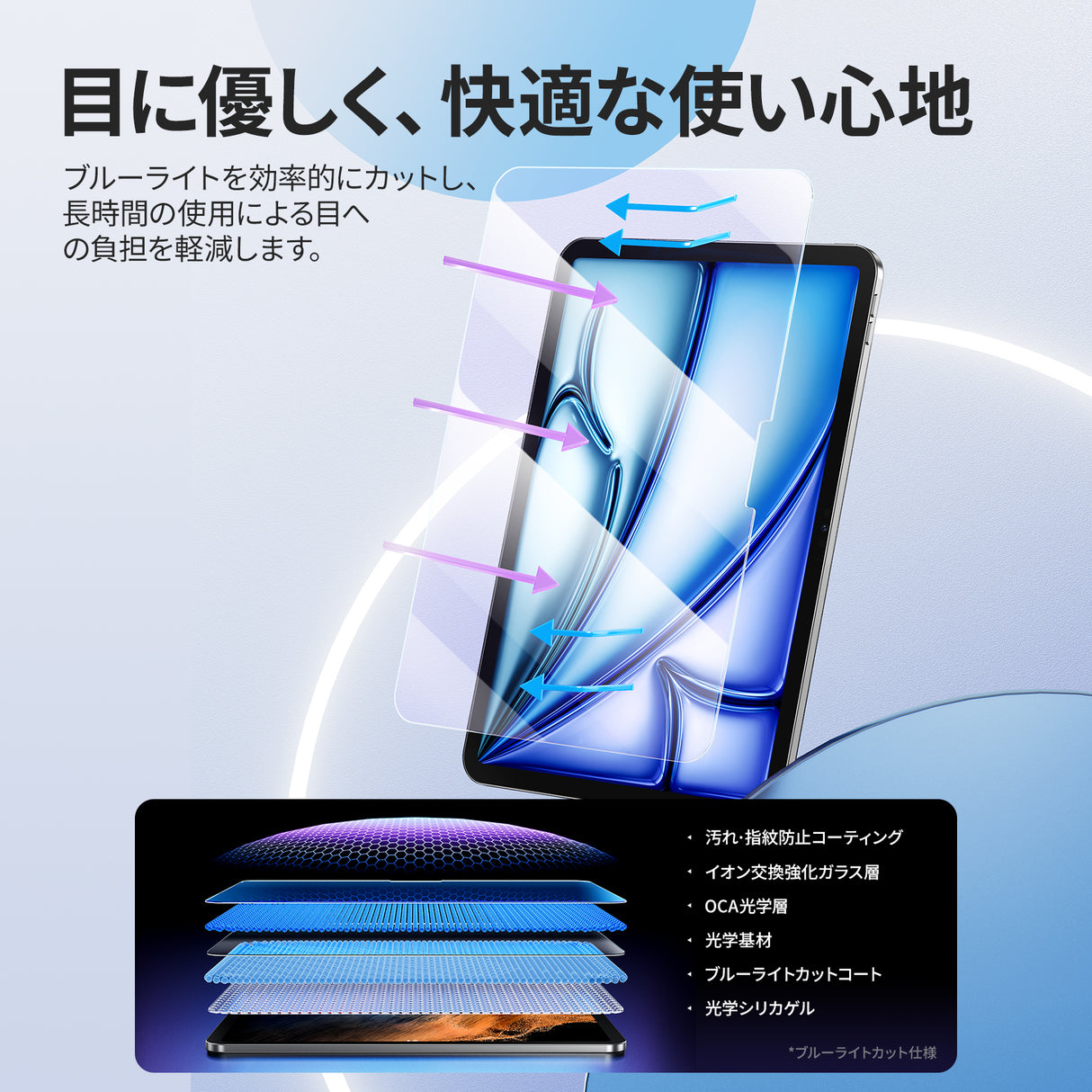 NIMASO ブルーライトカットガラスフィルム iPad Air 11 インチ M4 第8世代 2026/iPad Air M3 第7世代 2025/iPad Air M2 第6世代 2024用 ガイド枠付き