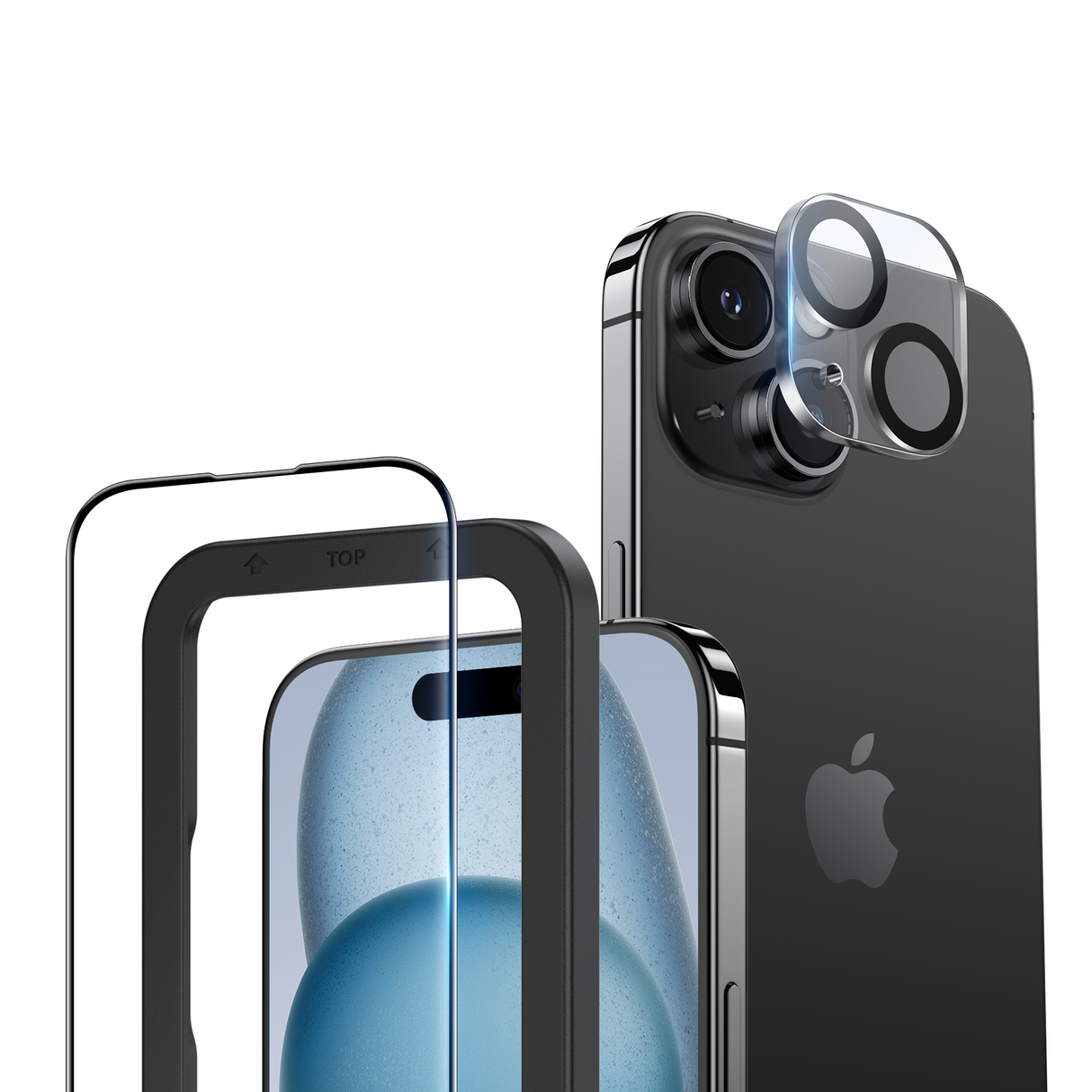 NIMASO iPhone 15/Plus/Pro/Pro Max用 ガラスフィルム + カメラフィルム (2枚/1枚セット) ガイド枠付き 黒縁あり 全面保護