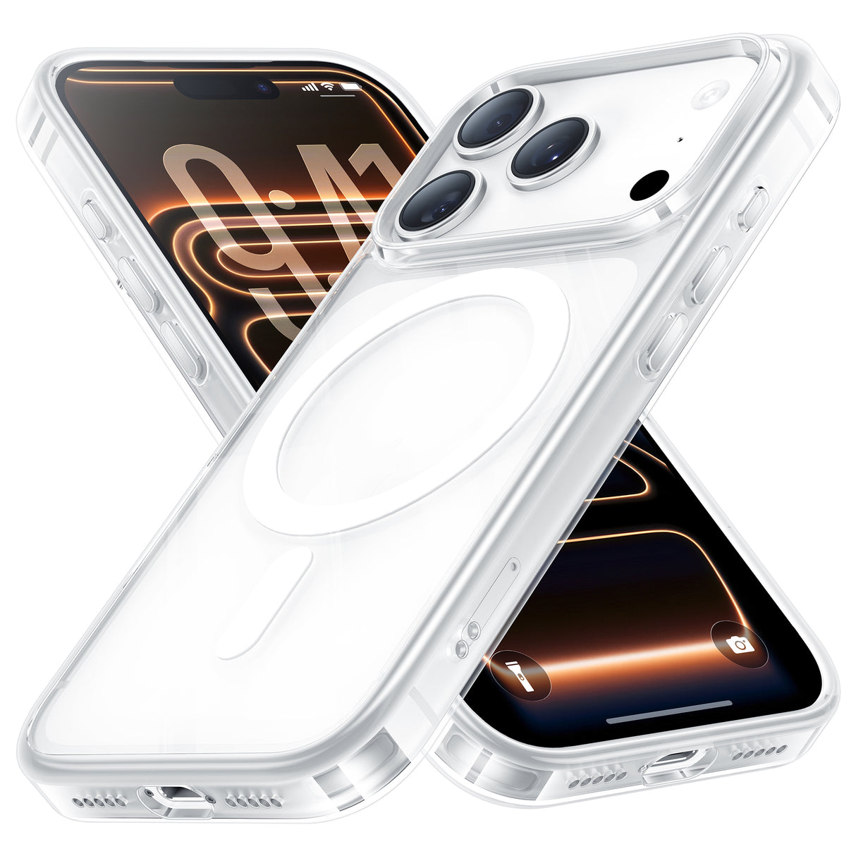 NIMASO iPhone 17/Pro/Pro Max用 スマホケース MagSafe対応 背面強化ガラス クリア/マット 黄変防止 ストラップホール付き(氷晶シリーズ)