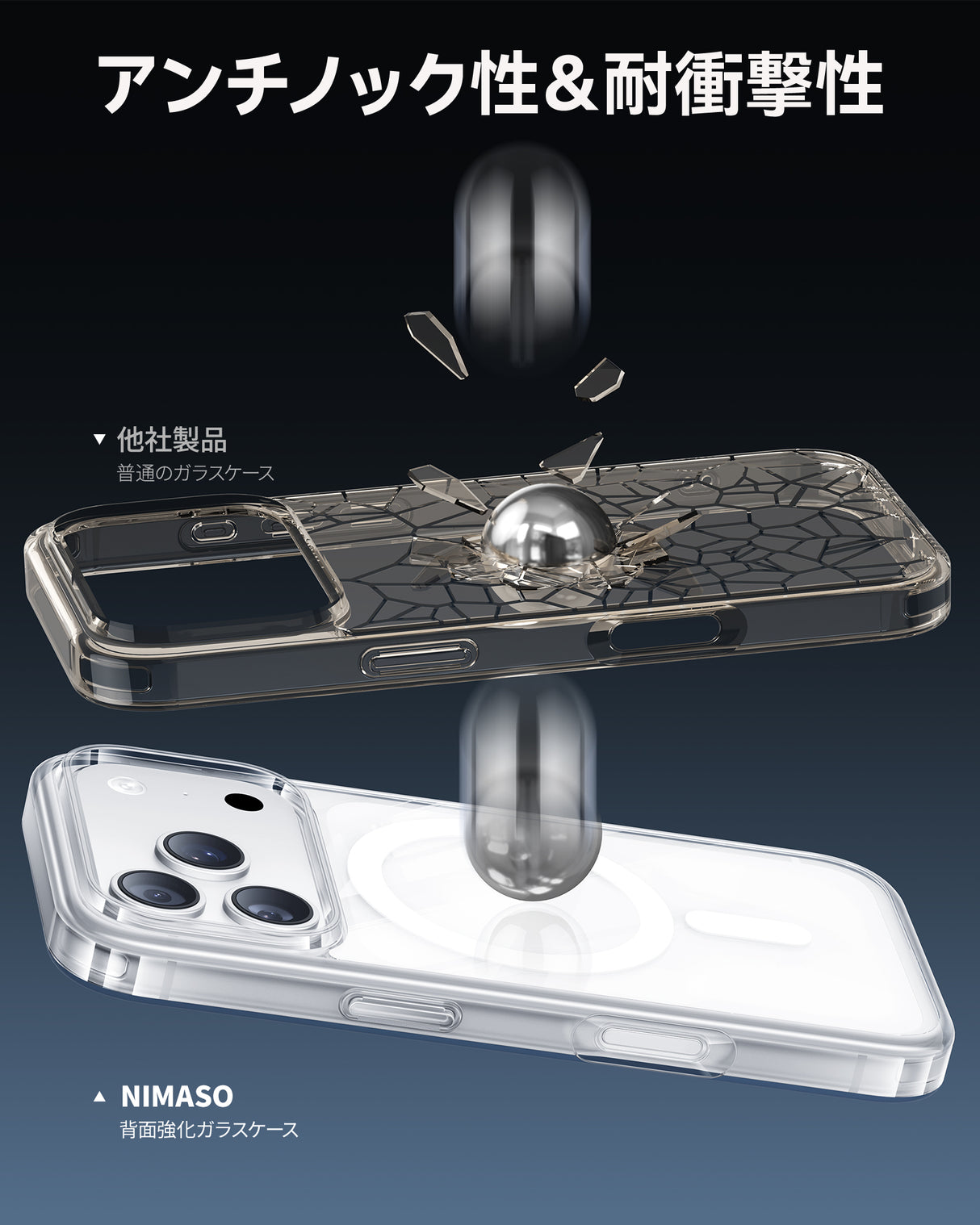 NIMASO iPhone 17/Pro/Pro Max用 スマホケース MagSafe対応 背面強化ガラス クリア/マット 黄変防止 ストラップホール付き(氷晶シリーズ)