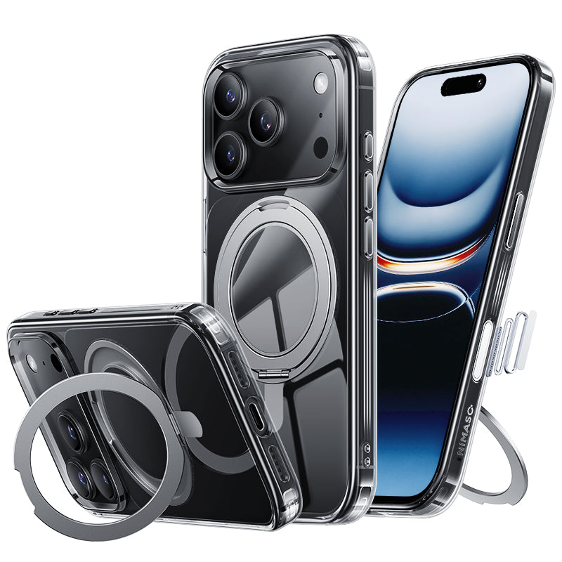 NIMASO 360° Rotating Stand Case for iPhone 17/Pro/Pro Max/Air, Clear, MagSafe Compatible, Shockproof, and Anti-Yellowing (Ice Star Series)