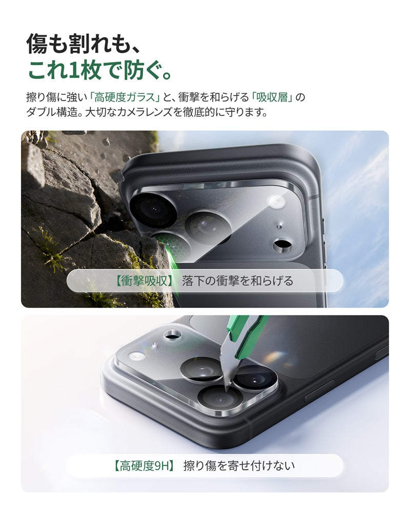 【2枚】一体型カメラフィルム クリア 高透過 レンズ保護 強化ガラス 傷防止 撮影そのまま 黒縁取り iPhone 17/18シリーズ用
