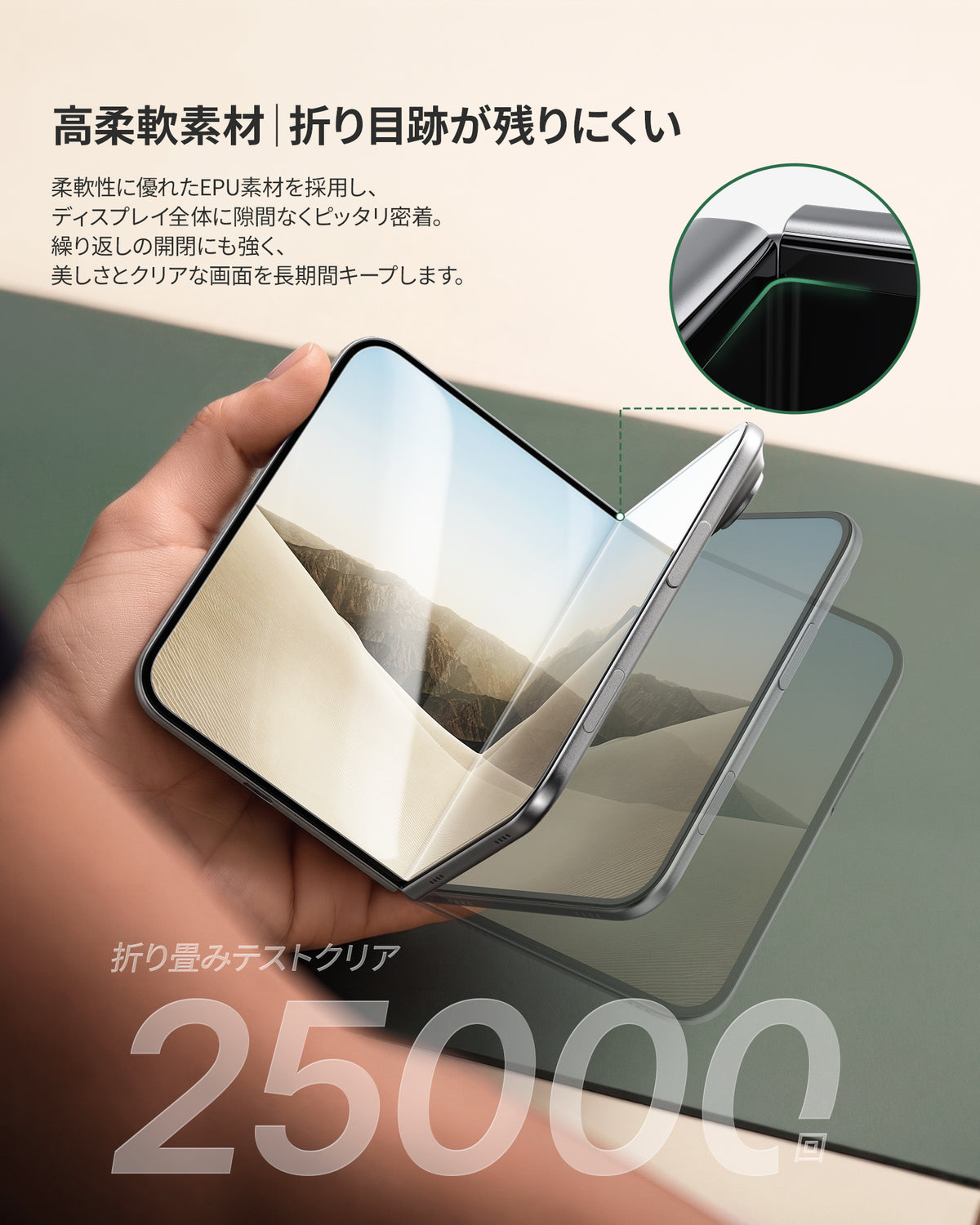「バリ楽Roller」スライドローラー式 内側保護フィルム iPhone Duo用 インナーディスプレイフィルム メイン画面 高感度タッチ 折り畳み干渉なし 指紋防止 自動除塵 貼り付け簡単 ガイド枠付き 2枚セット