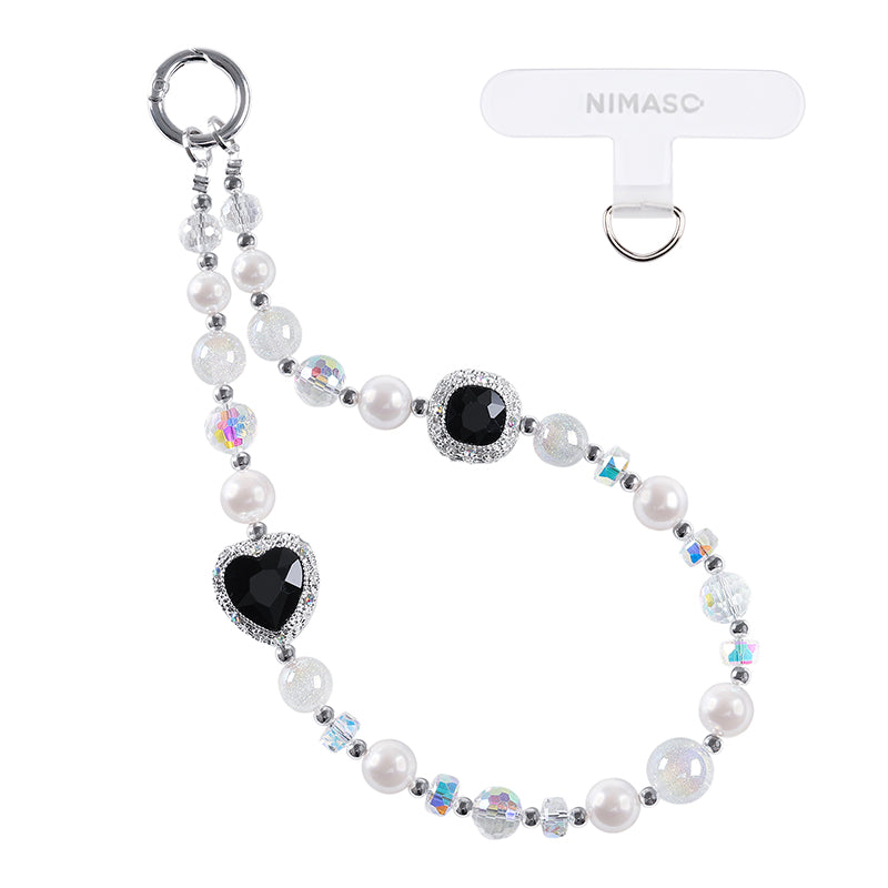 NIMASO スマホストラップ ビーズチェーン 黒のクリスタルハート 1本