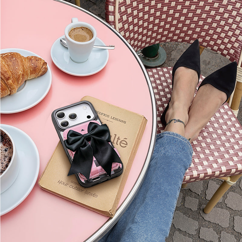 NIMASO MagSafe対応 カードケース チェッカーボード柄 スマホ 黒×ピンク