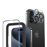 NIMASO iPhone 15/Plus/Pro/Pro Max用 ガラスフィルム + カメラフィルム (2枚/1枚セット) ガイド枠付き 黒縁あり 全面保護