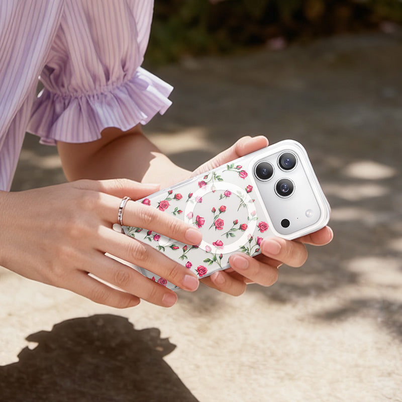 NIMASO iPhone 17/Pro/Pro Max/Air用 ケース MagSafe対応 かわいい おしゃれ スマホケース （フローラルシリーズ）赤いバラ