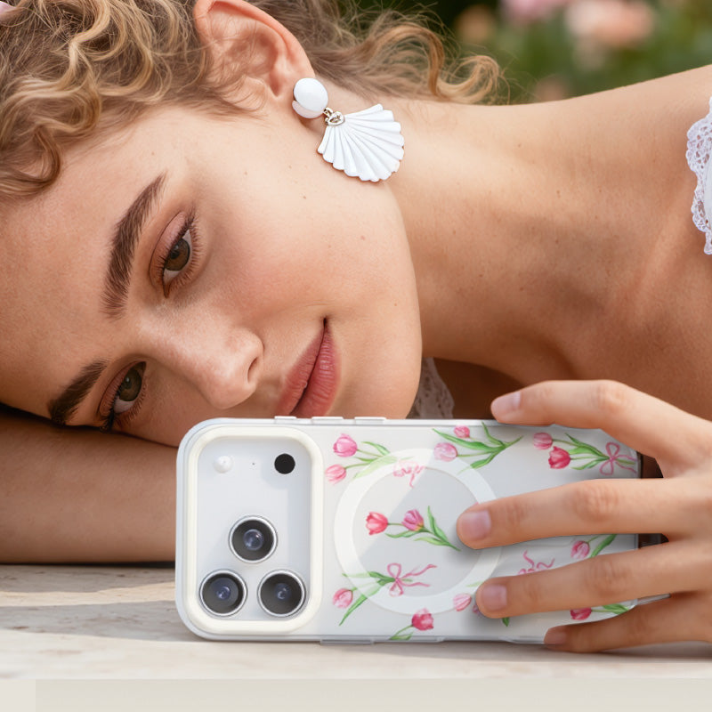 NIMASO iPhone 17/Pro/Pro Max/Air用 ケース MagSafe対応 かわいい おしゃれ 耐衝撃 ストラップホール付き（フローラルシリーズ）チューリップ