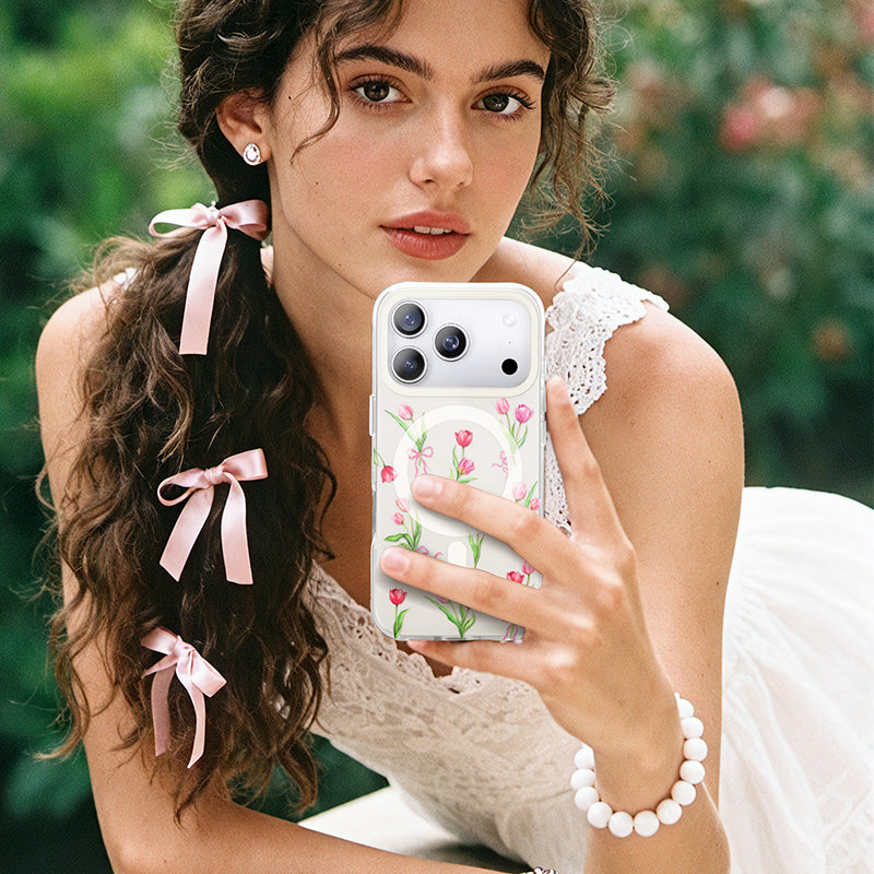 NIMASO iPhone 17/Pro/Pro Max/Air用 ケース MagSafe対応 かわいい おしゃれ 耐衝撃 ストラップホール付き（フローラルシリーズ）チューリップ