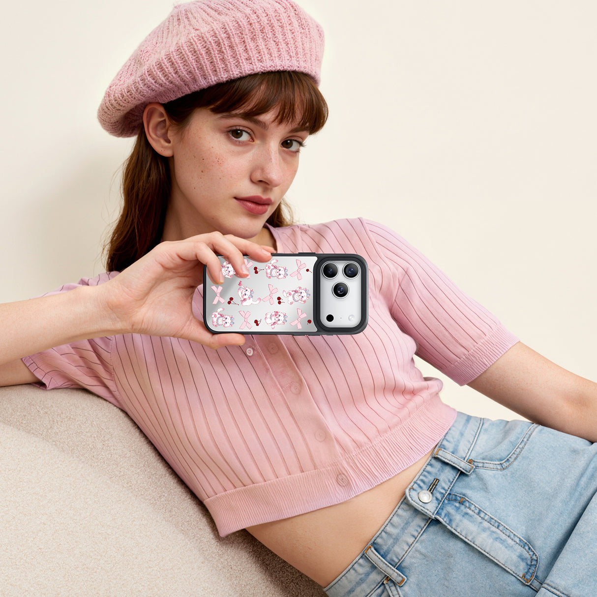 NIMASO iPhone 17/Pro/Pro Max/Air用 ケース MagSafe対応 ミラー かわいい おしゃれ 耐衝撃 ワイヤレス充電対応（ファンシーシリーズ）ホワイトキャット