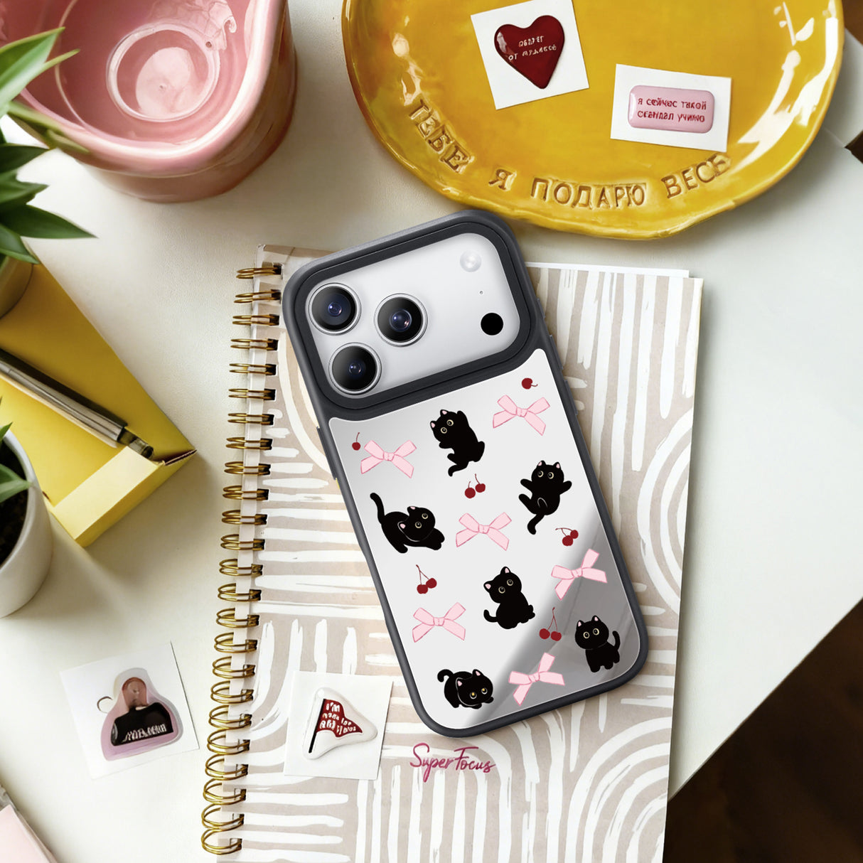 NIMASO iPhone 17/Pro/Pro Max/Air用 ケース MagSafe対応 ミラー かわいい おしゃれ 耐衝撃 ワイヤレス充電対応（ファンシーシリーズ）ブラックキャット