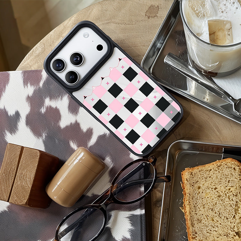 NIMASO iPhone 17/Pro/Pro Max/Air用 ケース MagSafe対応 ミラー 可愛い おしゃれ 耐衝撃 ワイヤレス充電対応（ファンシーシリーズ）チェッカー柄 黒とピンク