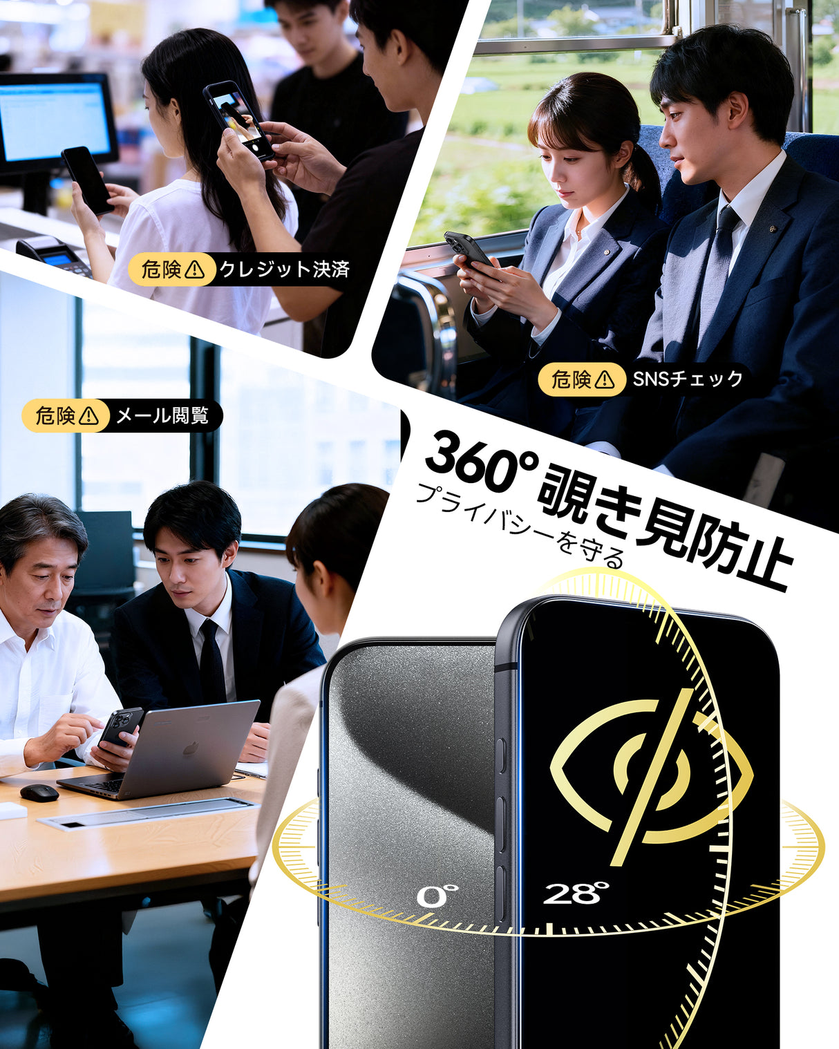 NIMASO 360度 覗き見防止 iPhone 15/Pro/Pro Max/Plus用 ガラスフィルム 上下左右のぞき見防止 自動除塵ガイド枠付き【2枚】