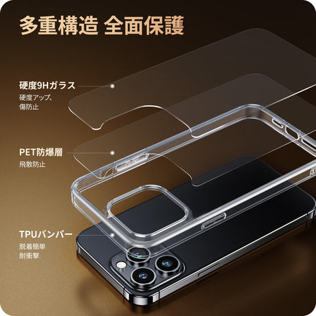 iPhone 15/15 Pro ケース 背面強化ガラス クリア 全面保護