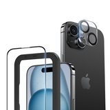 NIMASO iPhone 15/Plus/Pro/Pro Max用 ガラスフィルム + カメラフィルム (2枚/1枚セット) ガイド枠付き 黒縁あり 全面保護