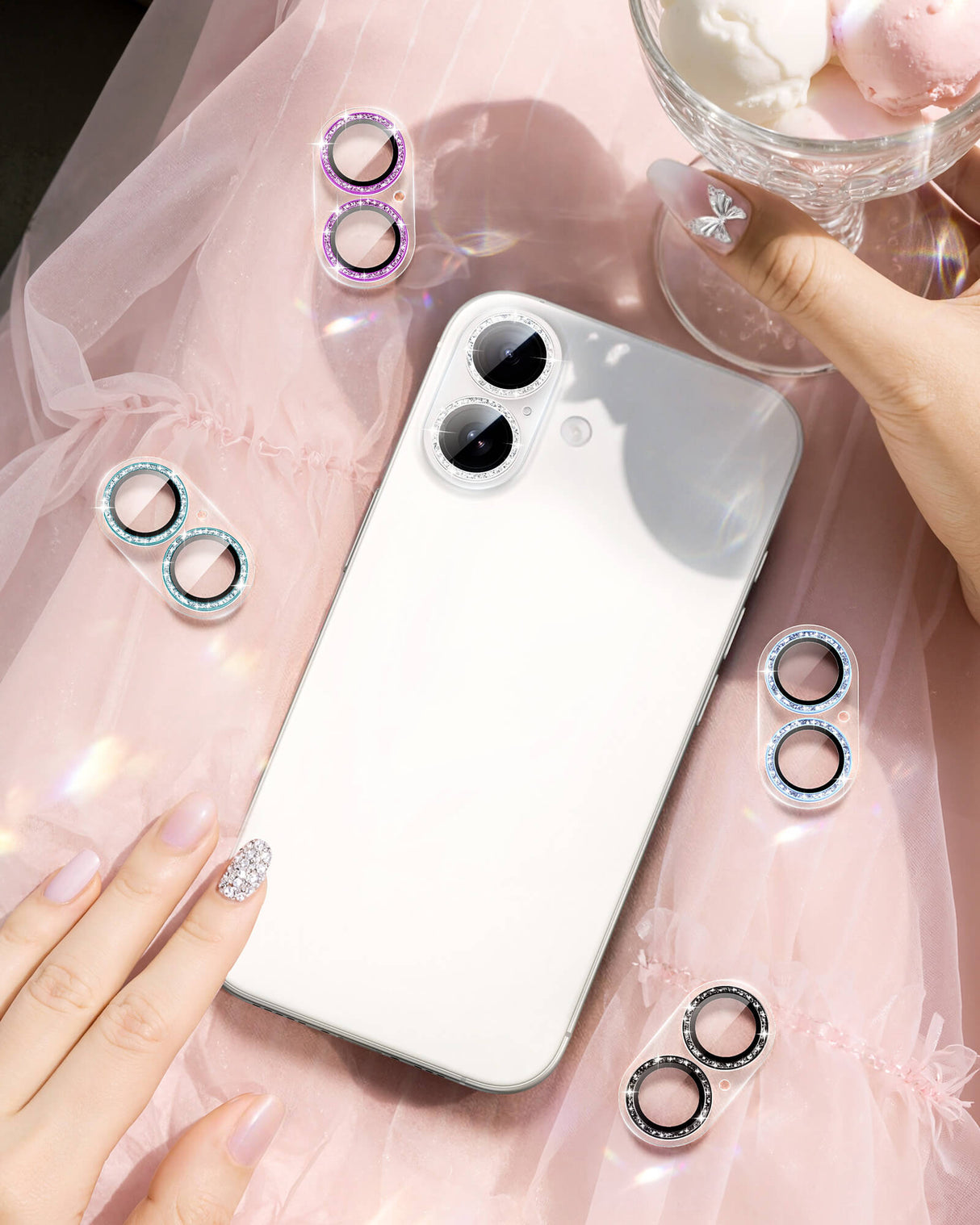 NIMASO カメラフィルム iPhone 16/Plus/Pro/Pro Max 対応 アクリル＋キラキラ 全面保護 黒縁取り 9H強化ガラス 耐衝撃 1枚セット