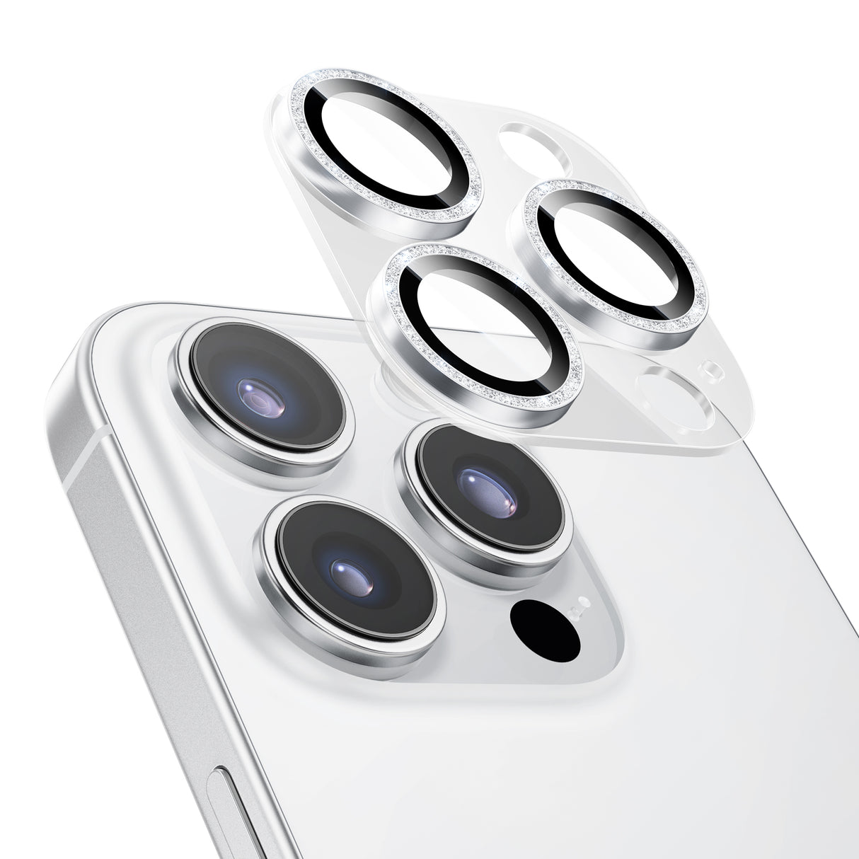 NIMASO カメラフィルム iPhone 16/Plus/Pro/Pro Max 対応 アクリル＋キラキラ 全面保護 黒縁取り 9H強化ガラス 耐衝撃 1枚セット