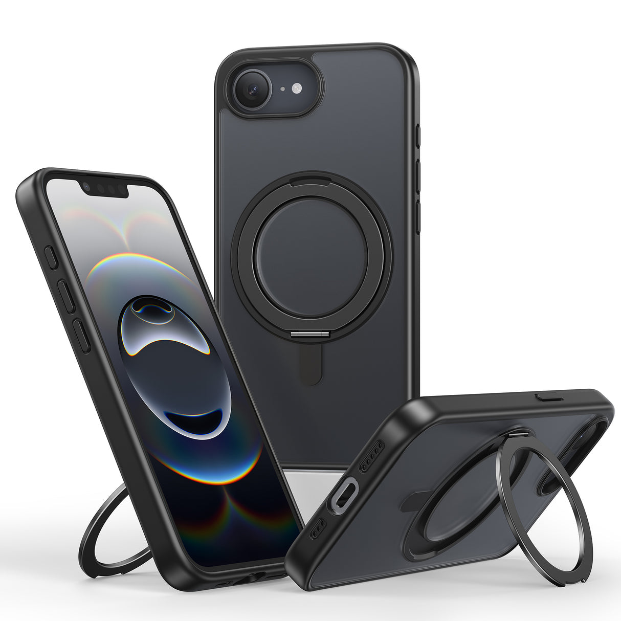 iPhone 16eケース 360°スタンド付き （黒羽シリーズ）