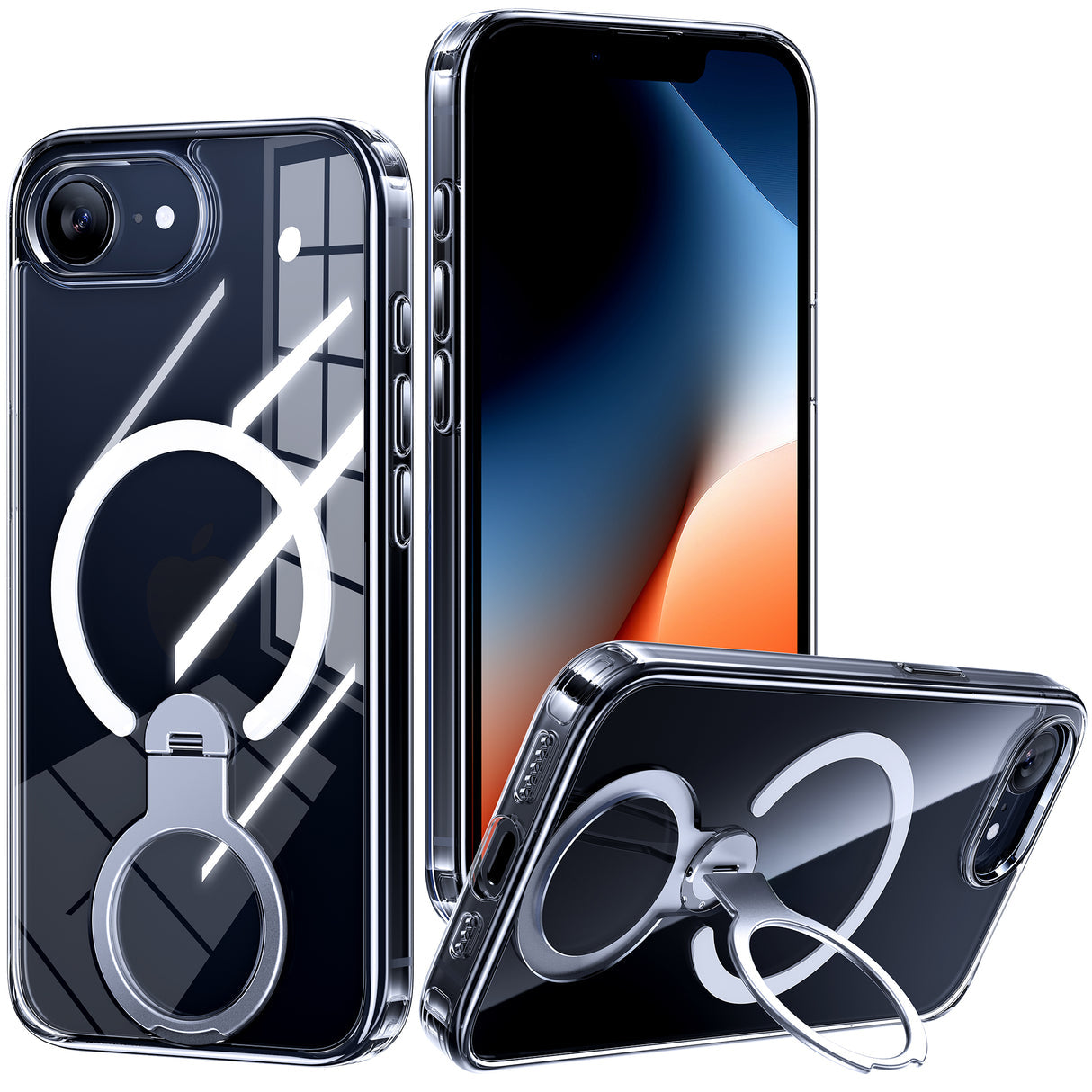 NIMASO iPhone 16eケース 360°回転スタンド付き MagSafeアクセサリー対応 クリア（アップグレード版）