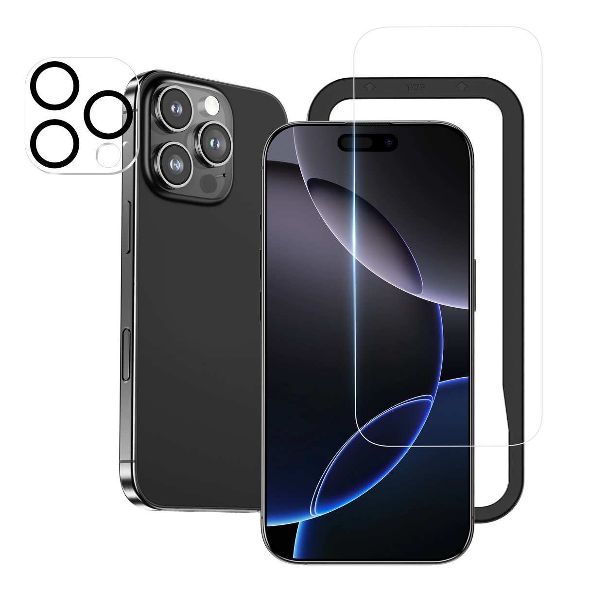 NIMASO iPhone 16/Pro Max/Plus用 強化ガラスフィルム+カメラフィルム(1/2枚セット) ガイド枠付き 硬度9H