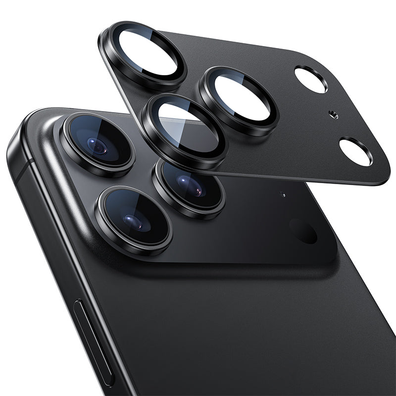 NIMASO iPhone 17/Pro/Pro Max/Air用 カメラフィルム アルミ合金＋9H強化ガラス 全面保護 黒縁取り 耐衝撃 ガイド枠付き