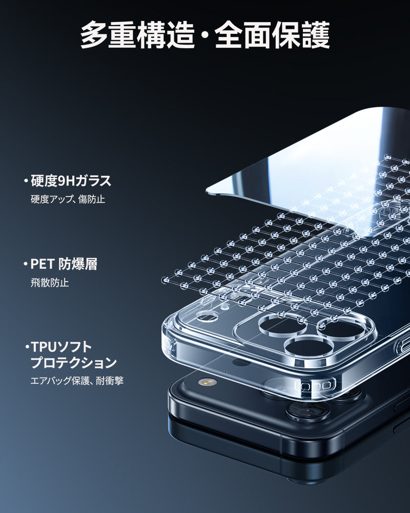 NIMASO iPhone 17/Pro/Pro Max/Air用 ケース クリア/マット 強化ガラス 9H硬度 耐衝撃 黄変防止（氷晶シリーズ）