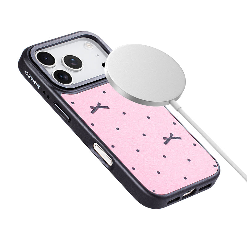 NIMASO iPhone 17/Pro/Pro Max/Air用 ケース MagSafe対応 可愛い おしゃれ 耐衝撃 ワイヤレス充電対応（ファンシーシリーズ）リボン柄 ピンク