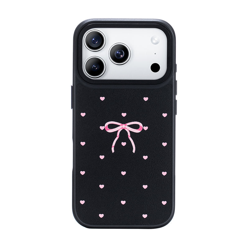 NIMASO iPhone 17/Pro/Pro Max/Air用 ケース MagSafe対応 かわいい おしゃれ 耐衝撃 ワイヤレス充電対応（ファンシーシリーズ）リボン柄 ブラック