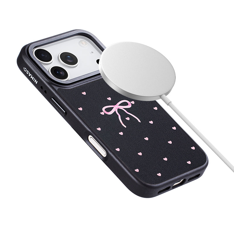 NIMASO iPhone 17/Pro/Pro Max/Air用 ケース MagSafe対応 かわいい おしゃれ 耐衝撃 ワイヤレス充電対応（ファンシーシリーズ）リボン柄 ブラック