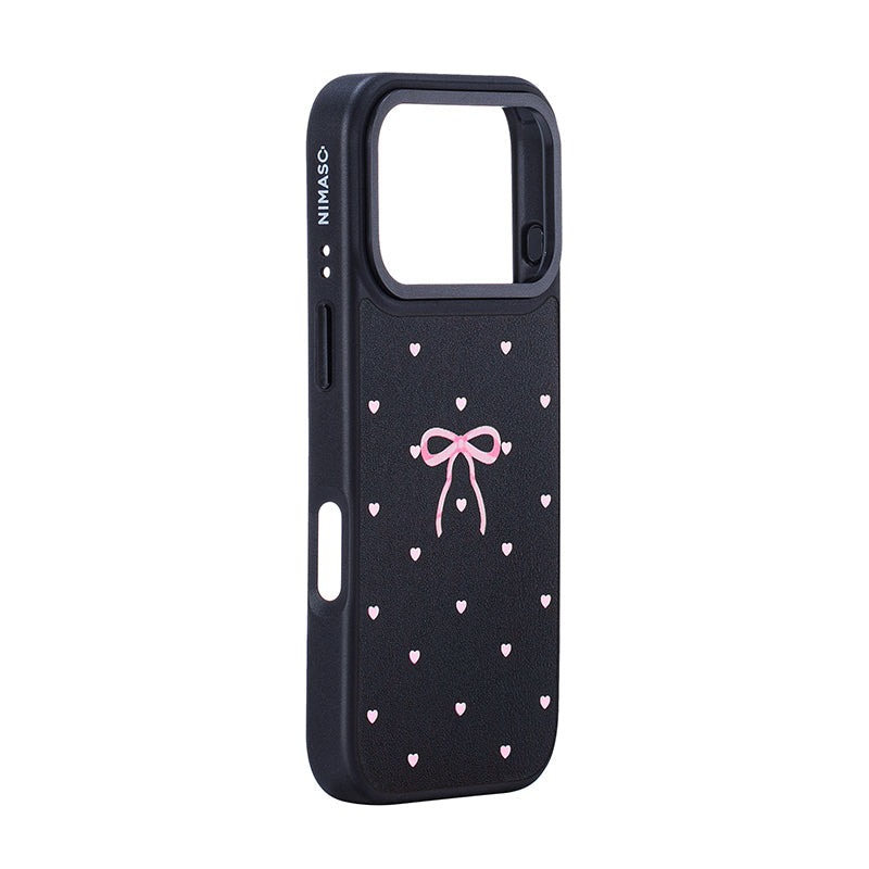 NIMASO iPhone 17/Pro/Pro Max/Air用 ケース MagSafe対応 かわいい おしゃれ 耐衝撃 ワイヤレス充電対応（ファンシーシリーズ）リボン柄 ブラック