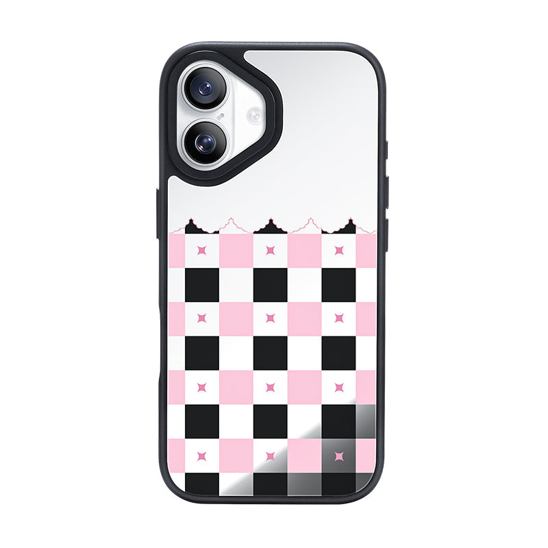 NIMASO iPhone 17/Pro/Pro Max/Air用 ケース MagSafe対応 ミラー 可愛い おしゃれ 耐衝撃 ワイヤレス充電対応（ファンシーシリーズ）チェッカー柄 黒とピンク