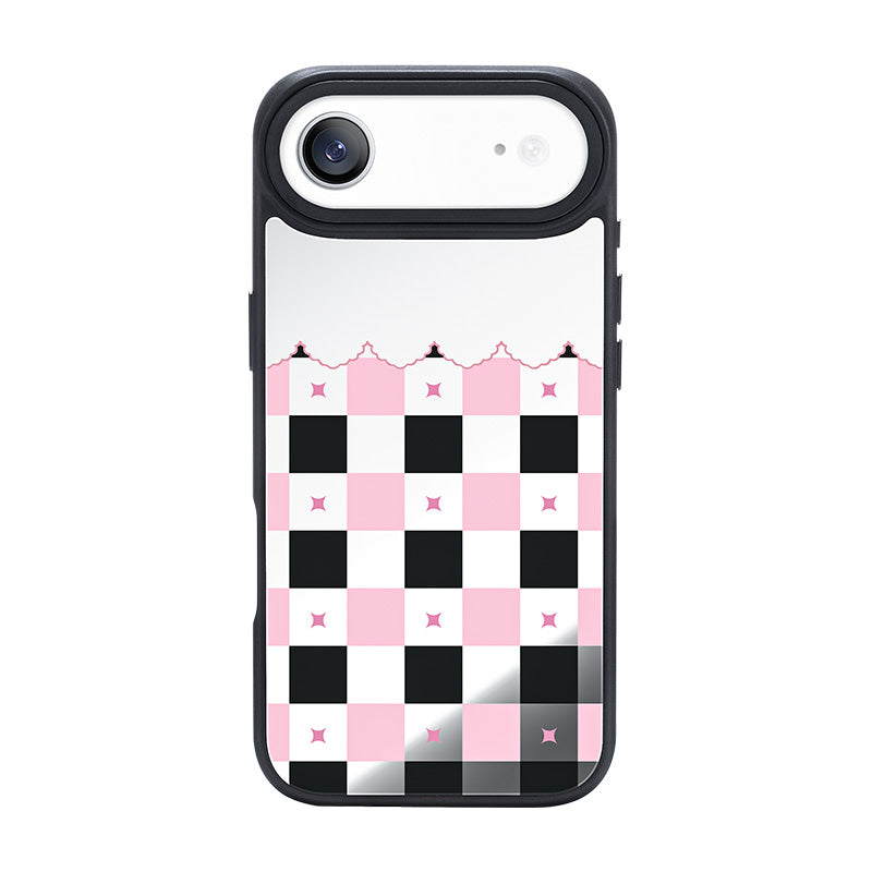NIMASO iPhone 17/Pro/Pro Max/Air用 ケース MagSafe対応 ミラー 可愛い おしゃれ 耐衝撃 ワイヤレス充電対応（ファンシーシリーズ）チェッカー柄 黒とピンク