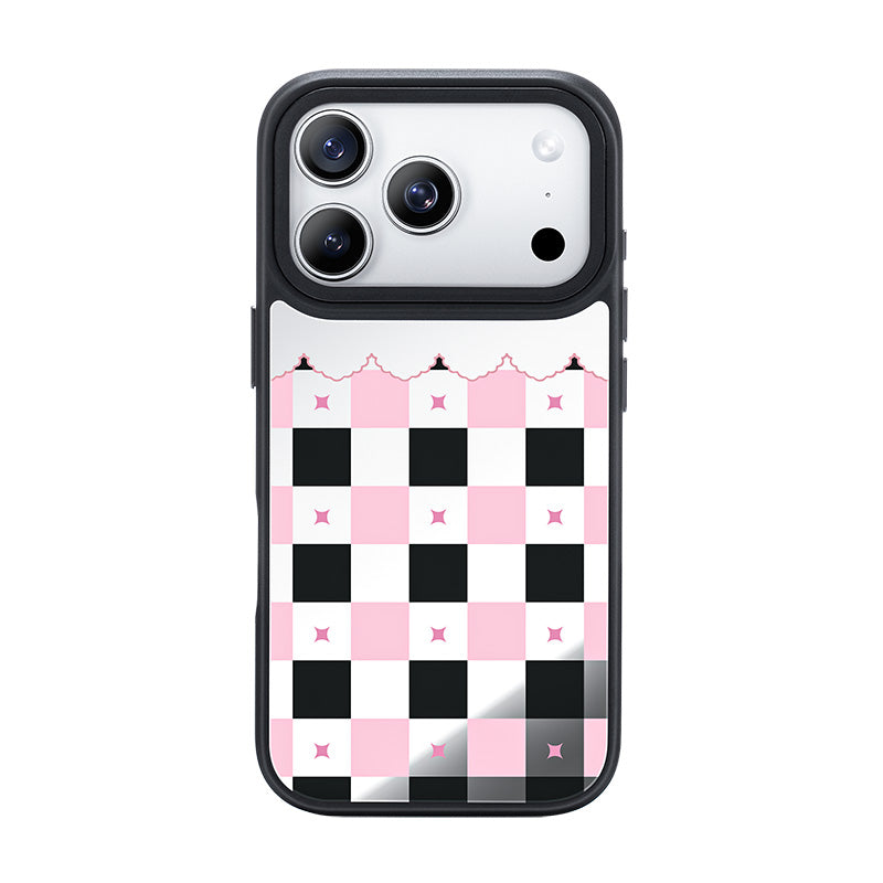 NIMASO iPhone 17/Pro/Pro Max/Air用 ケース MagSafe対応 ミラー 可愛い おしゃれ 耐衝撃 ワイヤレス充電対応（ファンシーシリーズ）チェッカー柄 黒とピンク