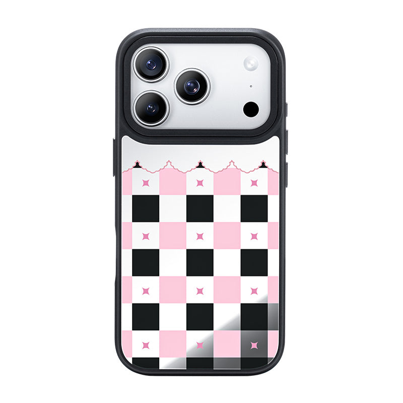 NIMASO iPhone17Proケース チェッカー柄 ブラック×ホワイト チェッカー柄 黒とピンクケース かわいい 女性 MagSafe対応 耐衝撃