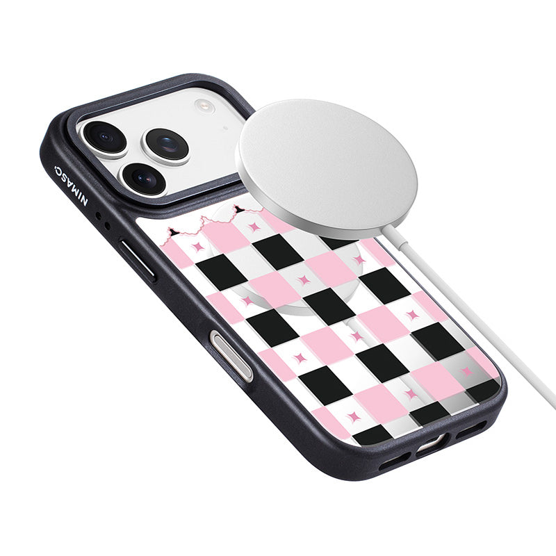 NIMASO iPhone 17/Pro/Pro Max/Air用 ケース MagSafe対応 ミラー 可愛い おしゃれ 耐衝撃 ワイヤレス充電対応（ファンシーシリーズ）チェッカー柄 黒とピンク