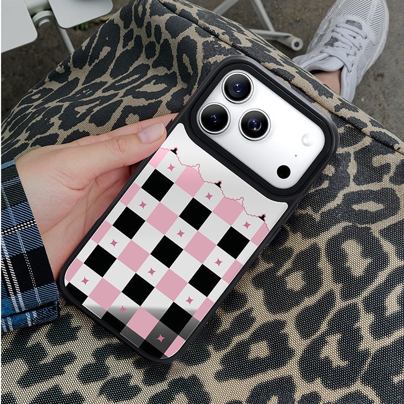 NIMASO iPhone 17/Pro/Pro Max/Air用 ケース MagSafe対応 ミラー 可愛い おしゃれ 耐衝撃 ワイヤレス充電対応（ファンシーシリーズ）チェッカー柄 黒とピンク
