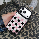 NIMASO iPhone 17/Pro/Pro Max/Air用 ケース MagSafe対応 ミラー 可愛い おしゃれ 耐衝撃 ワイヤレス充電対応（ファンシーシリーズ）チェッカー柄 黒とピンク