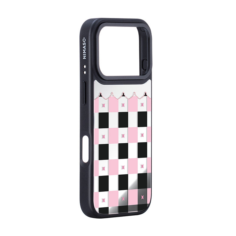 NIMASO iPhone 17/Pro/Pro Max/Air用 ケース MagSafe対応 ミラー 可愛い おしゃれ 耐衝撃 ワイヤレス充電対応（ファンシーシリーズ）チェッカー柄 黒とピンク