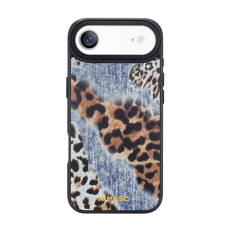 NIMASO iPhone 17/Pro/Pro Max/Air用 ケース MagSafe対応 かわいい おしゃれ 耐衝撃 ワイヤレス充電対応 スマホケース （ワイルドシリーズ）デニム×レオパード