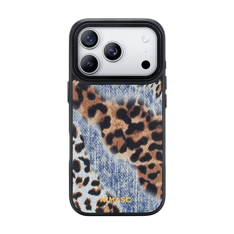 NIMASO iPhone 17/Pro/Pro Max/Air用 ケース MagSafe対応 かわいい おしゃれ 耐衝撃 ワイヤレス充電対応 スマホケース （ワイルドシリーズ）デニム×レオパード