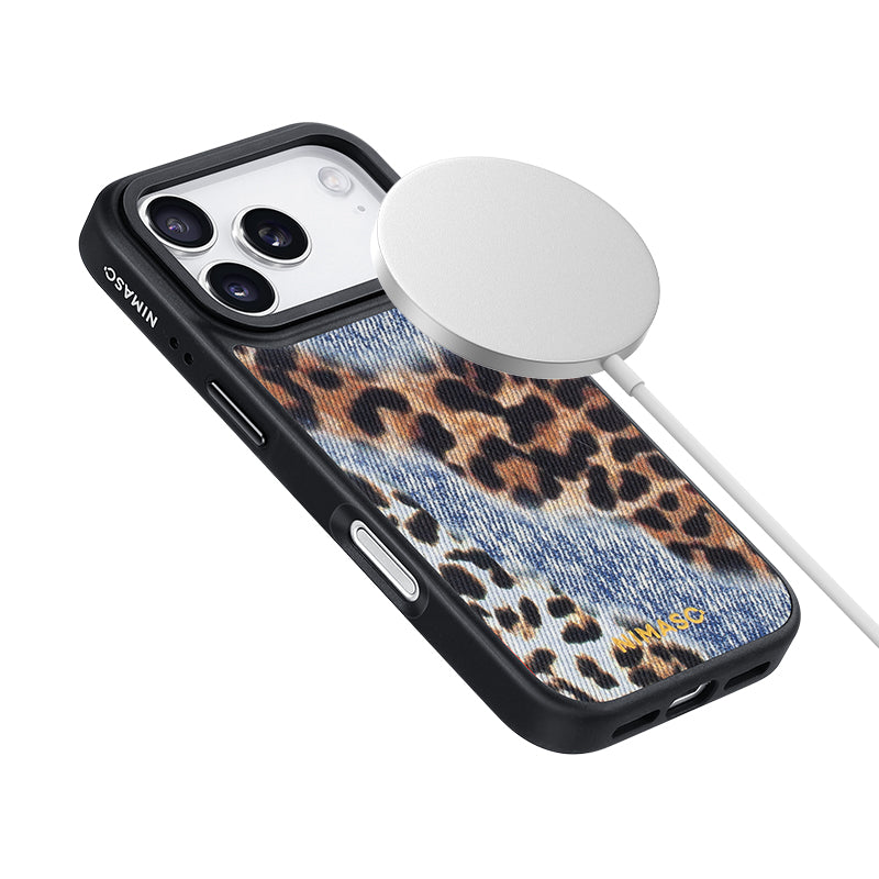 NIMASO iPhone 17/Pro/Pro Max/Air用 ケース MagSafe対応 かわいい おしゃれ 耐衝撃 ワイヤレス充電対応 スマホケース （ワイルドシリーズ）デニム×レオパード