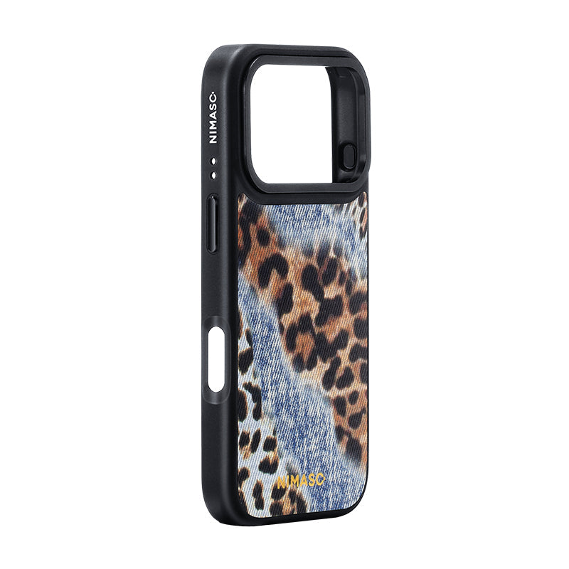 NIMASO iPhone 17/Pro/Pro Max/Air用 ケース MagSafe対応 かわいい おしゃれ 耐衝撃 ワイヤレス充電対応 スマホケース （ワイルドシリーズ）デニム×レオパード