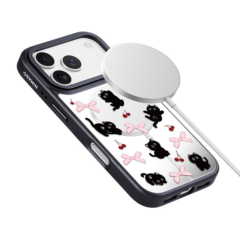 NIMASO iPhone 17/Pro/Pro Max/Air用 ケース MagSafe対応 ミラー かわいい おしゃれ 耐衝撃 ワイヤレス充電対応（ファンシーシリーズ）ブラックキャット