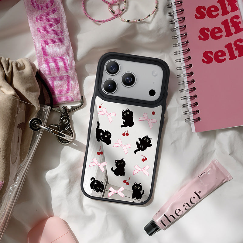 NIMASO iPhone 17/Pro/Pro Max/Air用 ケース MagSafe対応 ミラー かわいい おしゃれ 耐衝撃 ワイヤレス充電対応（ファンシーシリーズ）ブラックキャット