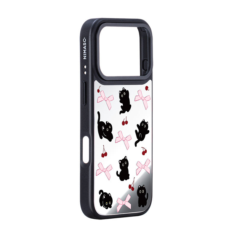 NIMASO iPhone 17/Pro/Pro Max/Air用 ケース MagSafe対応 ミラー かわいい おしゃれ 耐衝撃 ワイヤレス充電対応（ファンシーシリーズ）ブラックキャット